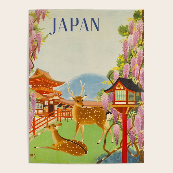 Vintage Mid Century Modern Japan Travel Poster Deer Red Pagoda Wisteria Garden Poster