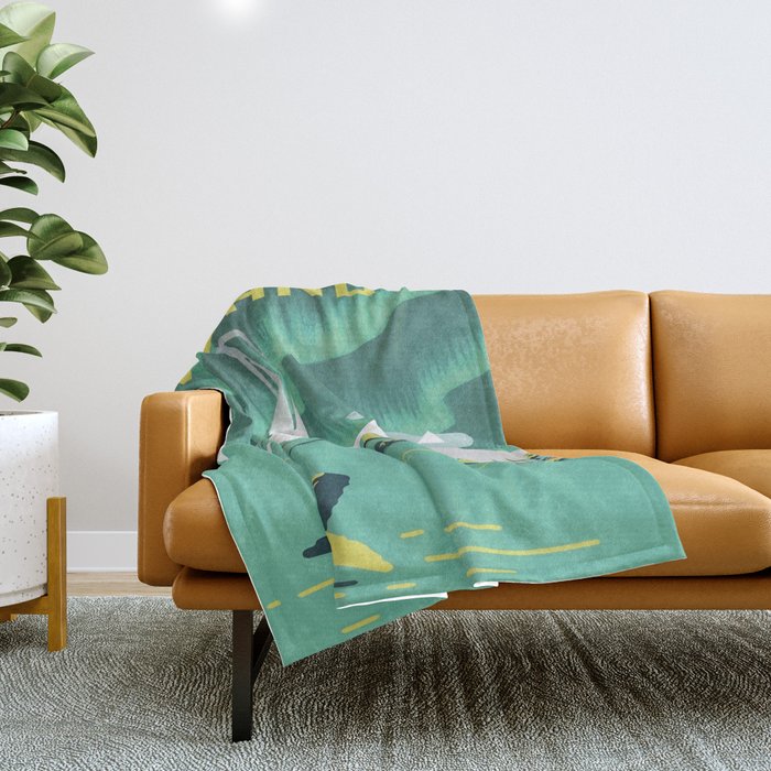 Vintage Mid Century Modern Iceland Scandinavian Travel Poster Ocean Whale Winter Village Throw Blanket
