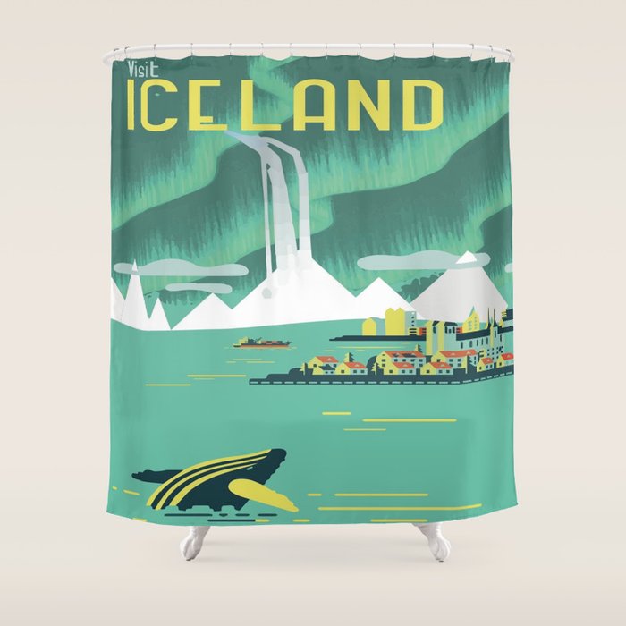 Vintage Mid Century Modern Iceland Scandinavian Travel Poster Ocean Whale Winter Village Shower Curtain
