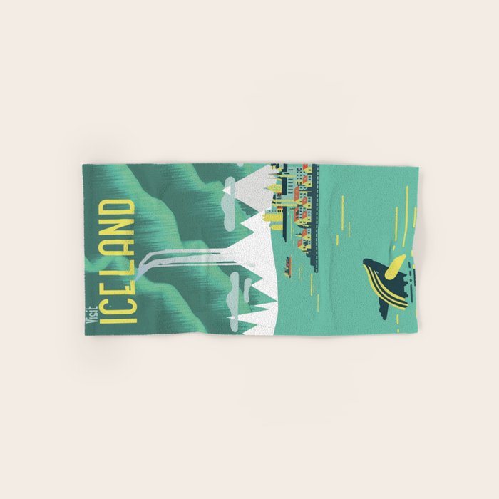 Vintage Mid Century Modern Iceland Scandinavian Travel Poster Ocean Whale Winter Village Bath Towel