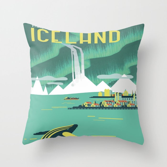 Vintage Mid Century Modern Iceland Scandinavian Travel Poster Ocean Whale Winter Village Throw Pillow