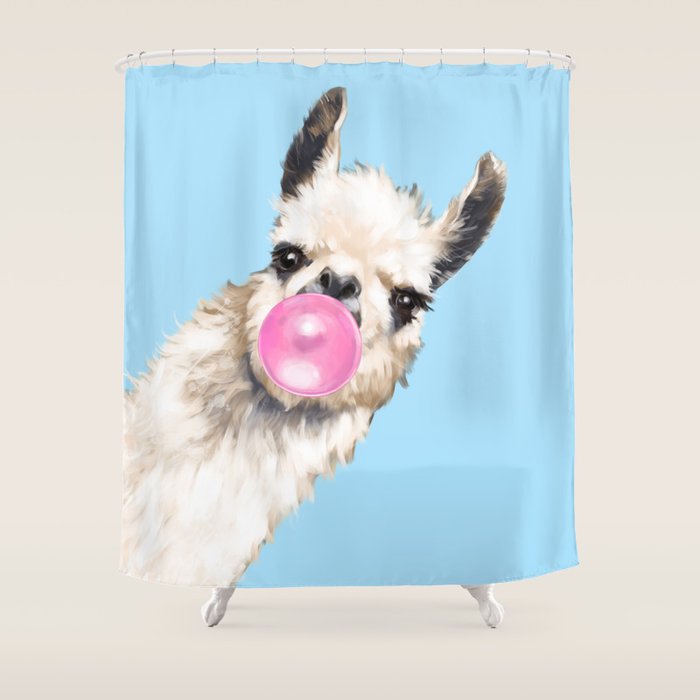 Bubble Gum Sneaky Llama In Blue Shower Curtain
