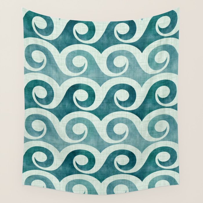 Vintage Waves Tropical Teal Geometric Pattern Wall Tapestry