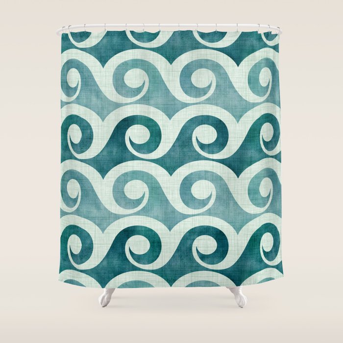 Vintage Waves Tropical Teal Geometric Pattern Shower Curtain