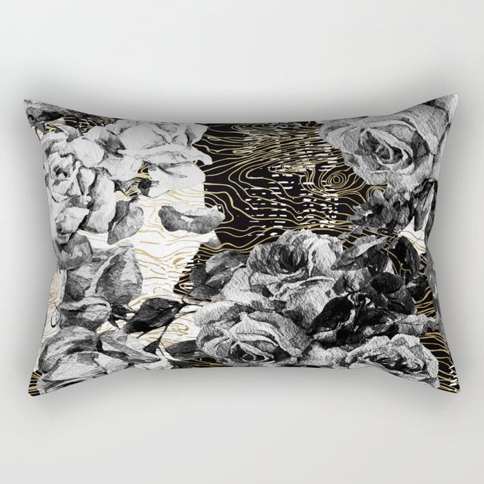 Dark Abstract Bloom Over Golden Lines Rectangular Pillow