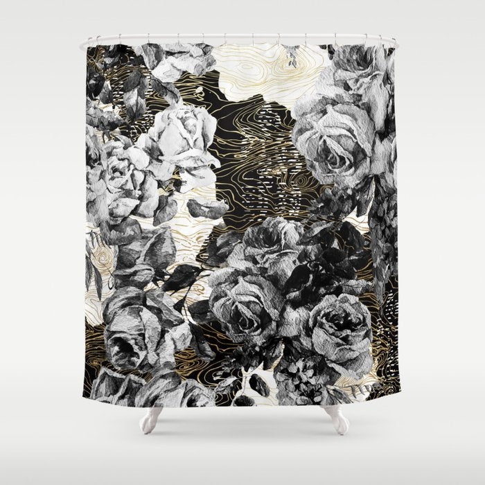 Dark Abstract Bloom Over Golden Lines Shower Curtain