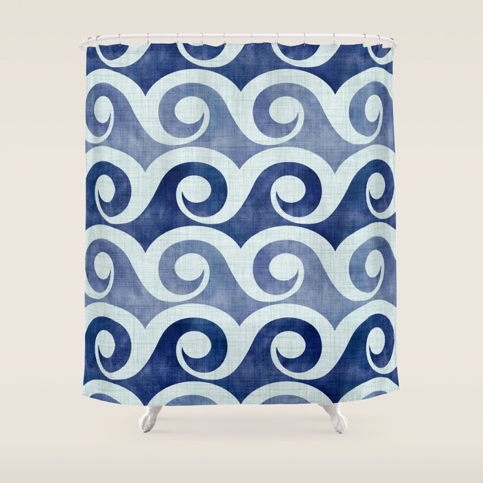 Indigo Geometric Beach Waves Shower Curtain