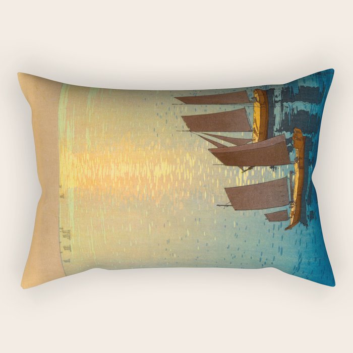 Hiroshi Yoshida Vintage Japanese Woodblock Art Ocean Sunset Sailboat Orange Blue Color Hues Rectangular Pillow