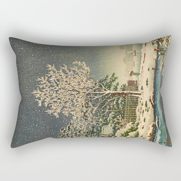 Tsuchiya KôItsu Japanese Woodblock Vintage Print Winter Landscape Snowfall Rectangular Pillow