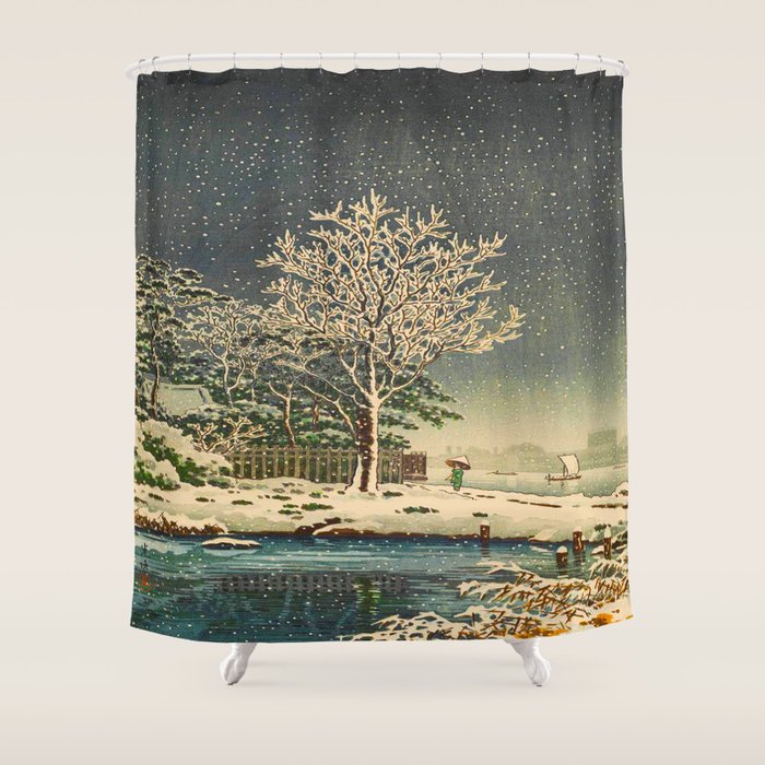 Tsuchiya KôItsu Japanese Woodblock Vintage Print Winter Landscape Snowfall Shower Curtain