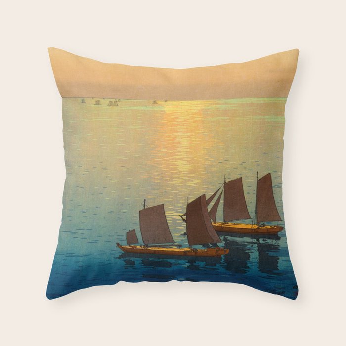 Hiroshi Yoshida Vintage Japanese Woodblock Art Ocean Sunset Sailboat Orange Blue Color Hues Throw Pillow