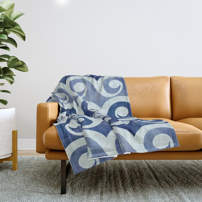 Indigo Geometric Beach Waves Throw Blanket