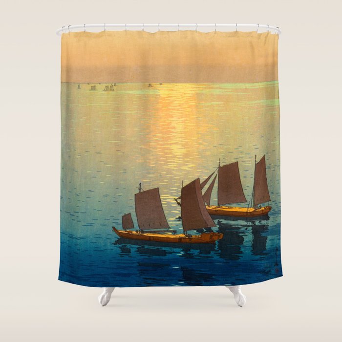 Hiroshi Yoshida Vintage Japanese Woodblock Art Ocean Sunset Sailboat Orange Blue Color Hues Shower Curtain