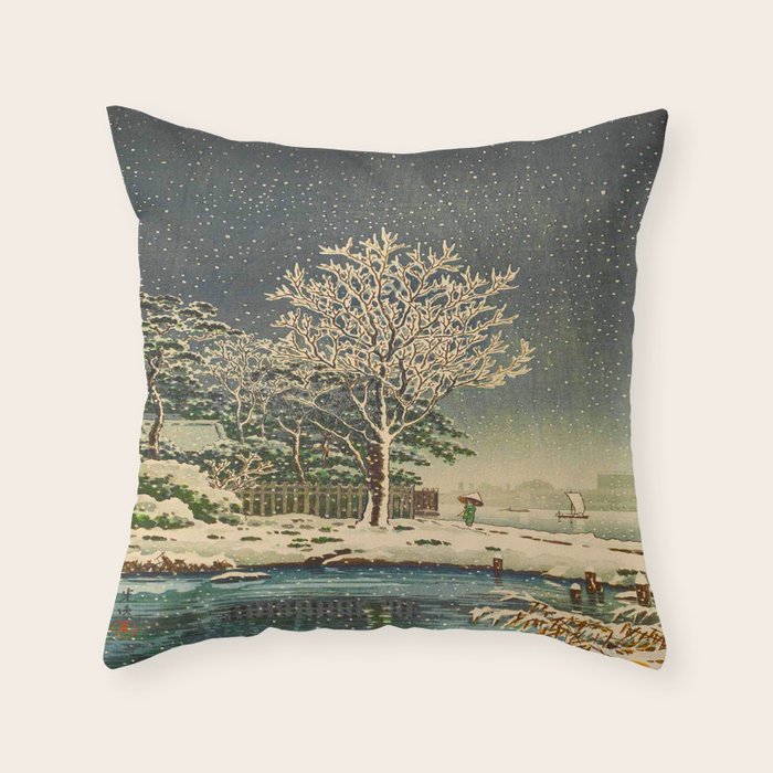 Tsuchiya KôItsu Japanese Woodblock Vintage Print Winter Landscape Snowfall Throw Pillow