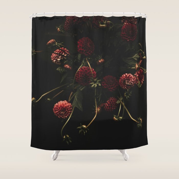 Flower Photography - Red Flowers - Dahlias - Elegant Dark Dramatic Floral Print Shower Curtain