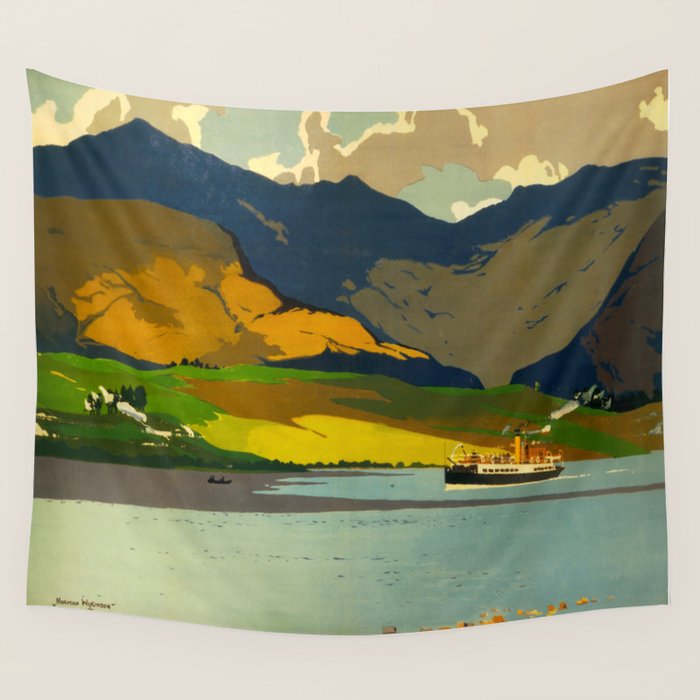 Loch Awe Vintage Mid Century Art Travel Poster British Railways Colorful Landscape Wall Tapestry