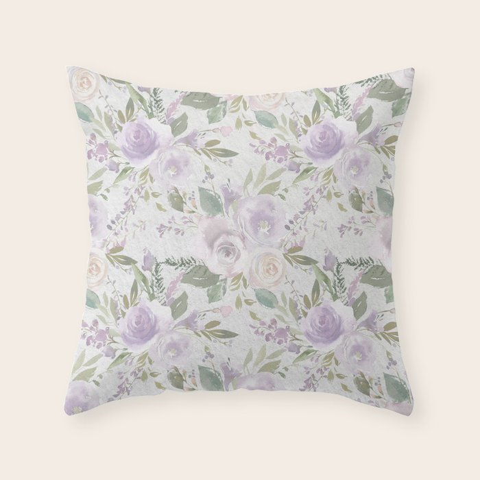 Lavender Pastel Green White Watercolor Floral Pattern Throw Pillow