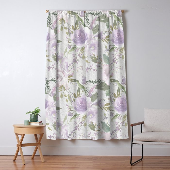 Lavender Pastel Green White Watercolor Floral Pattern Window Curtain