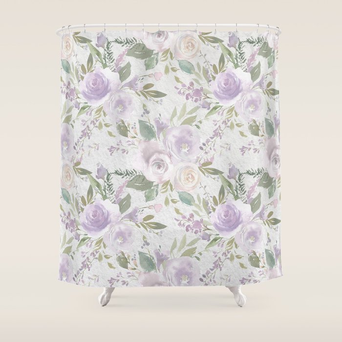 Lavender Pastel Green White Watercolor Floral Pattern Shower Curtain