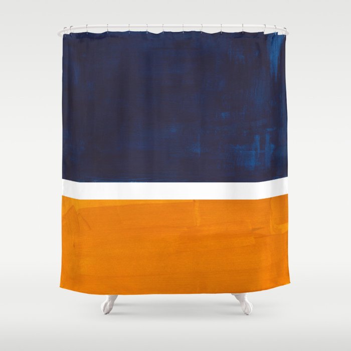 Navy Blue Yellow Ochre Abstract Minimalist Rothko Colorful Mid Century Color Block Pattern Shower Curtain