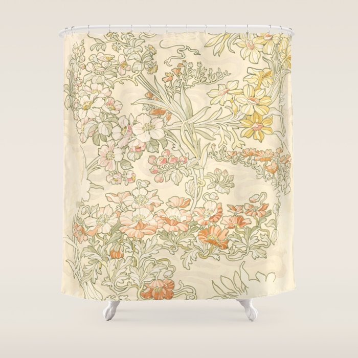 Alphonse Mucha "Anemones, Apple Blossoms And Narcissis" Shower Curtain