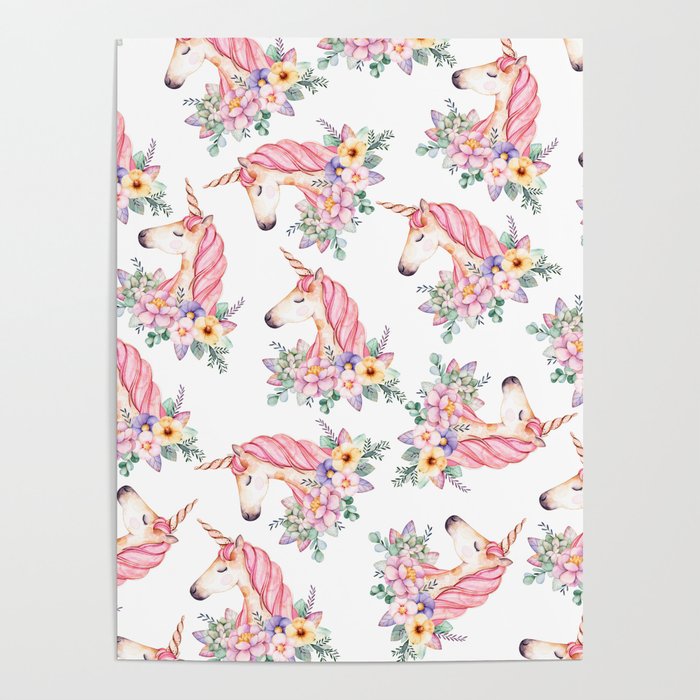 Pink Lilac Yellow Green Watercolor Magical Unicorn Floral Poster