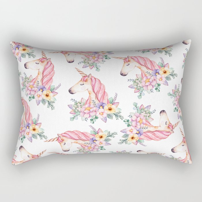 Pink Lilac Yellow Green Watercolor Magical Unicorn Floral Rectangular Pillow