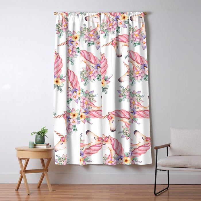 Pink Lilac Yellow Green Watercolor Magical Unicorn Floral Window Curtain