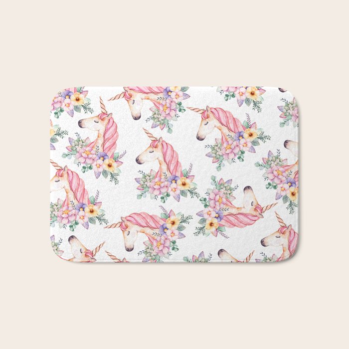 Pink Lilac Yellow Green Watercolor Magical Unicorn Floral Bath Mat