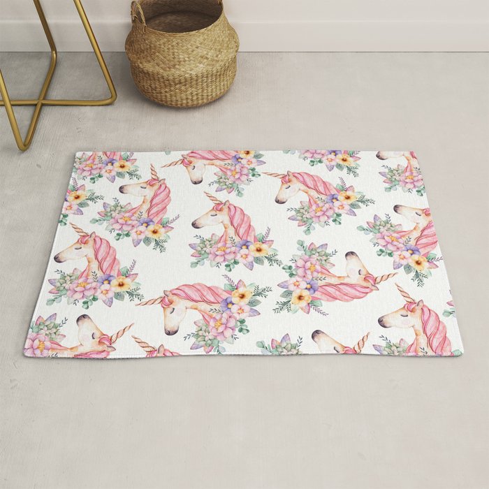Pink Lilac Yellow Green Watercolor Magical Unicorn Floral Rug