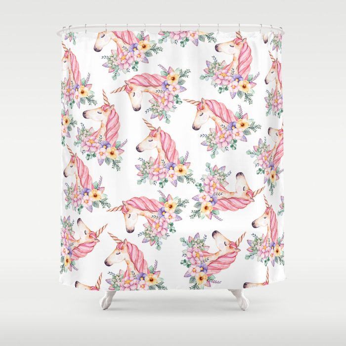 Pink Lilac Yellow Green Watercolor Magical Unicorn Floral Shower Curtain
