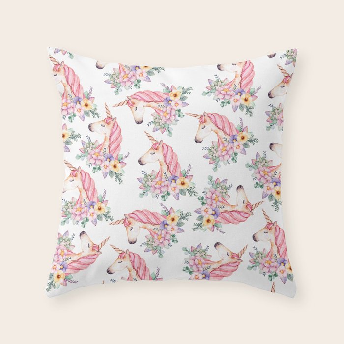 Pink Lilac Yellow Green Watercolor Magical Unicorn Floral Throw Pillow