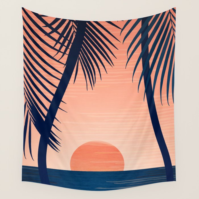 Sunset Palms - Peach Navy Palette Wall Tapestry