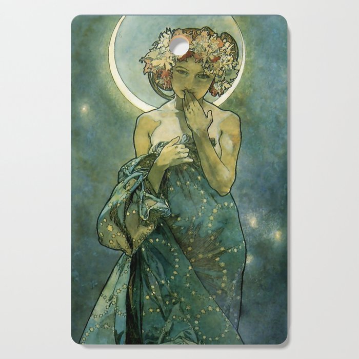 Alphonse Mucha "The Moon And The Stars Series: The Moon" Cutting Board