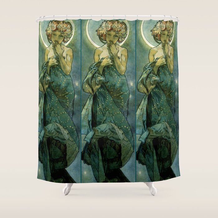 Alphonse Mucha "The Moon And The Stars Series: The Moon" Shower Curtain