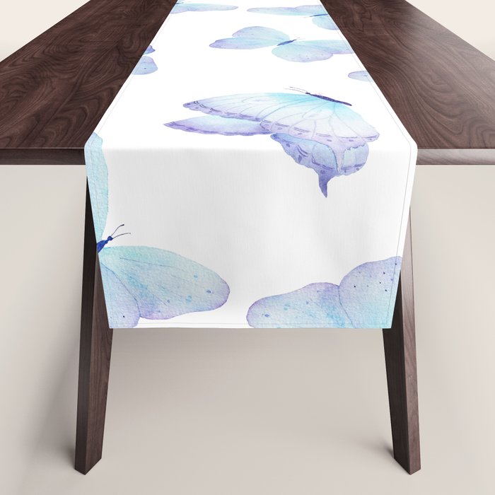Lilac Aqua Blue Watercolor Hand Painted Butterfly Table Runner