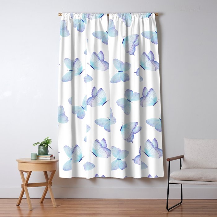Lilac Aqua Blue Watercolor Hand Painted Butterfly Window Curtain