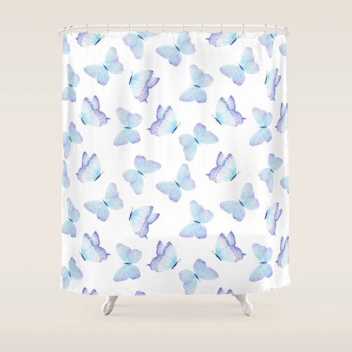 Lilac Aqua Blue Watercolor Hand Painted Butterfly Shower Curtain