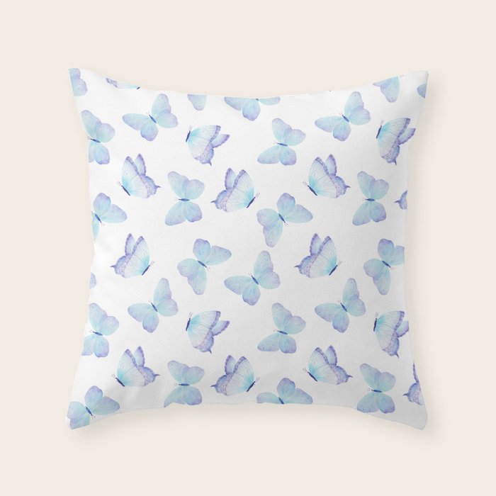Lilac Aqua Blue Watercolor Hand Painted Butterfly Throw Pillow
