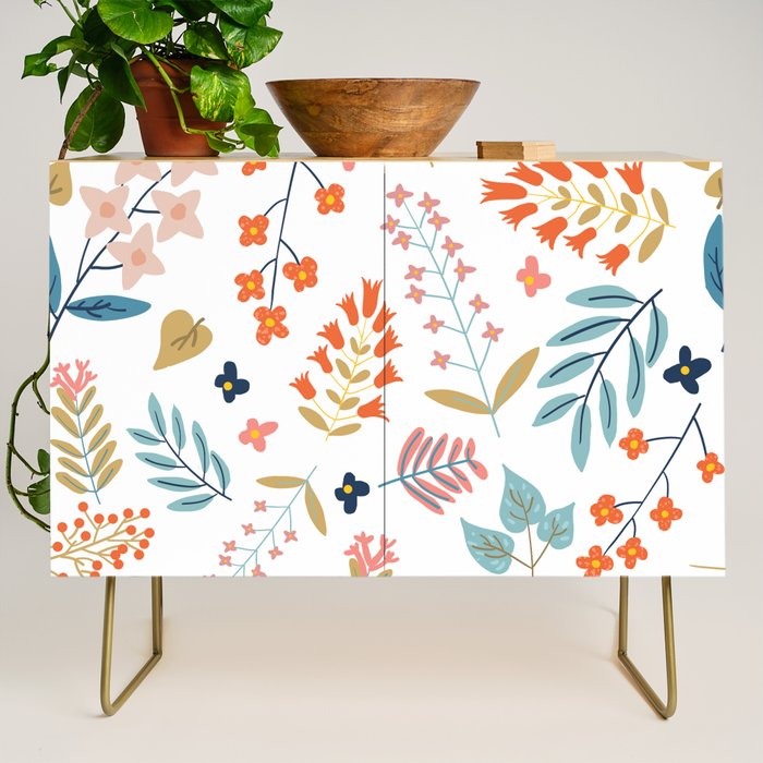 Botanical Harmony | Floral Vintage Plants Colorful Leaves | Autumn Spring Nature Bohemian Chic Credenza