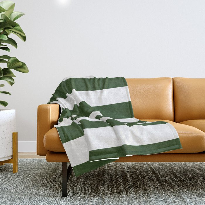 Large Dark Forest Green And White Cabana Tent Stripes Throw Blanket