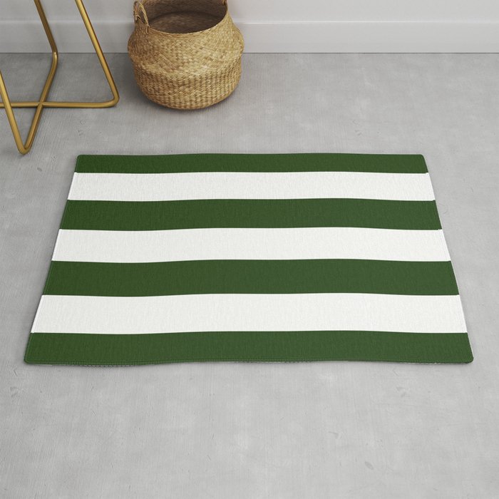 Large Dark Forest Green And White Cabana Tent Stripes Rug