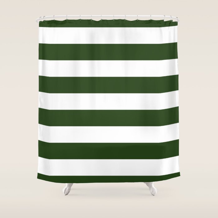 Large Dark Forest Green And White Cabana Tent Stripes Shower Curtain
