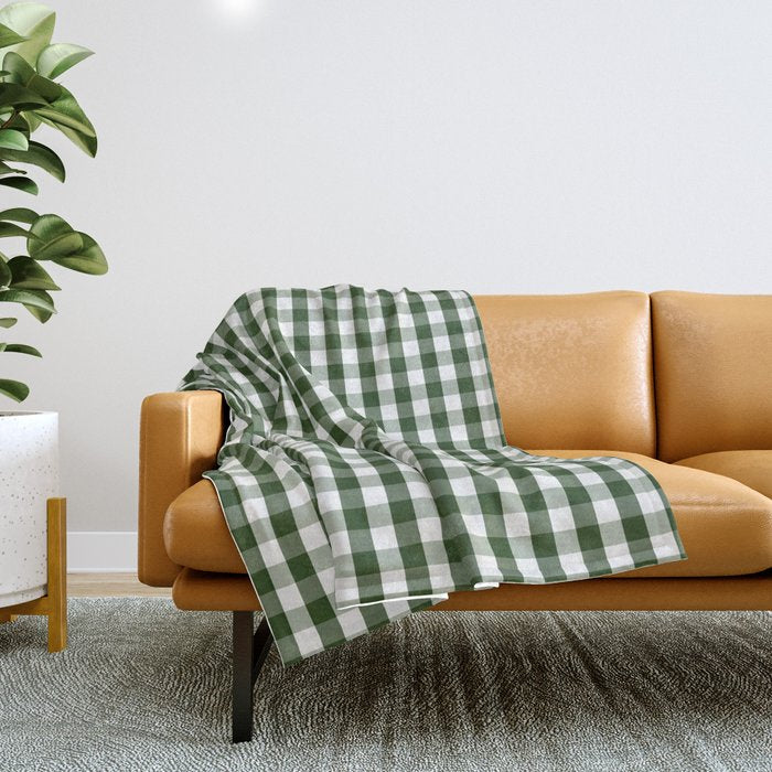 Dark Forest Green And White Gingham Check Throw Blanket