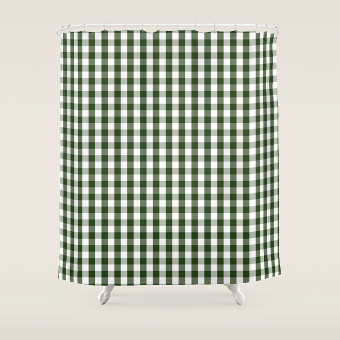 Dark Forest Green And White Gingham Check Shower Curtain