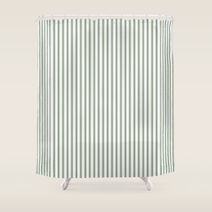 Small Dark Forest Green And White Mattress Ticking Stripes Shower Curtain
