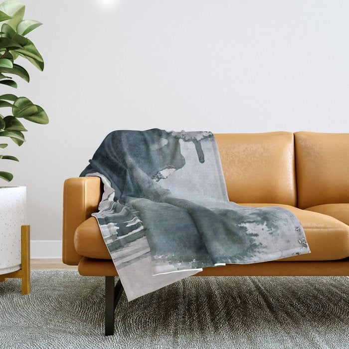 Lakeside: A Minimal, Abstract, Watercolor And Ink Piece In Shades Of Blue And Green Throw Blanket