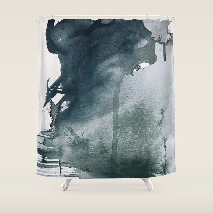 Lakeside: A Minimal, Abstract, Watercolor And Ink Piece In Shades Of Blue And Green Shower Curtain