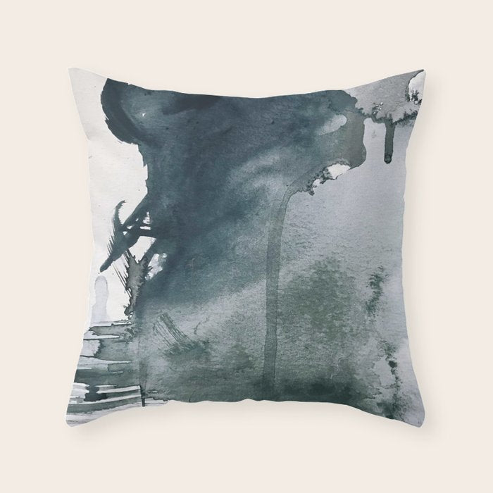 Lakeside: A Minimal, Abstract, Watercolor And Ink Piece In Shades Of Blue And Green Throw Pillow