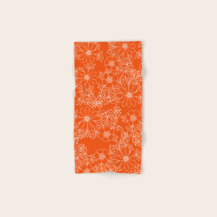Hand Drawn White Bright Orange Modern Floral Bath Towel